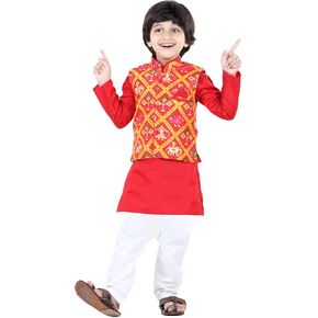 BownBee Kids Cotton Blend Kurta Pyjama set with Patan Patola Jacket for Boys -Ethnic 3 Piece Traditional Indian Wedding Dress in Saudi Arabia