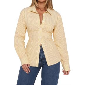HOCANDY Women Long Sleeve Button Down Shirt Tie Back Cinched Waist Lapel Collar Corset Blouse Work Casual Dressy Tunic Shirt in Saudi Arabia