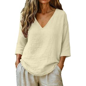 Womens Summer Tops Casual Linen Cotton Tunic Blouse 3/4 Sleeve V Neck Peasant Shirts Beach Vacation Tees in Saudi Arabia