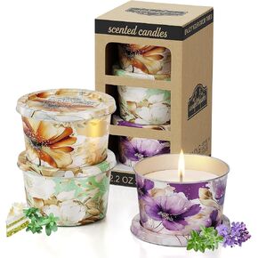 مجموعة من 3 شموع معطرة - اللافندر والزعتر، كعكة الفانيليا، الياسمين والمسك وخشب الصندل، مجموعة شموع من القصدير للسفر، 2.2 أونصة لكل واحدة، وقت حرق 8-10 ساعات، شمع الصويا، فتيل قطني in Kuwait