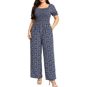 RWJ Plus Size Women's Summer One Piece Jumpsuits Dressy Casual Short Sleeve Smocked Wide Leg Rompers Outfit With Pockets in Saudi Arabia