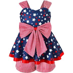 HINTINA Toddler Girl 2-Piece 4th of July Outfit Tie Back Star Print Bow Dress Stripe Shorts Set in Kuwait