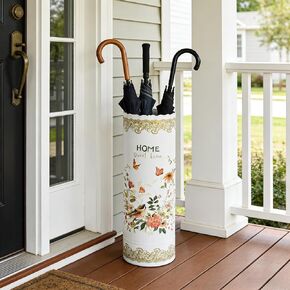 Vintage Metal Round Umbrella Holder Decorative Flower Design Umbrella Stands Entryway Organizer Bucket for Home/Office/Farmhouse - Holds Multiple Umbrellas, Walking Sticks & Canes Flower White in Saudi Arabia