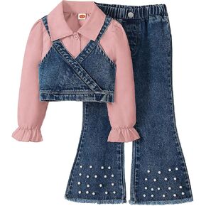 4-8T Girl 3 Piece Denim Outfit Set Long Sleeve Shirt with Denim Vest & Pearl - Embellished Flared Jeans Girls Fall Clothes in Saudi Arabia