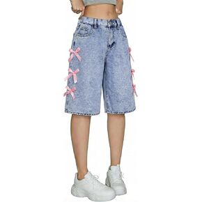 Girls Jean Shorts Baggy Straight Leg Bermuda Denim Shorts Jorts Elastic Waist Cute Bow Summer Y2K Streetwear 13Y-16Y in Saudi Arabia