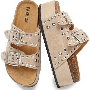 Women's Platform Sandals With Cork Footbed Suede Studded Sandals Adjustable Double Buckle Wide Widths Walking Chunky Sandals for Summer Shoes Fashion Thick Soled Mules Slides Beach Footwear in Saudi Arabia