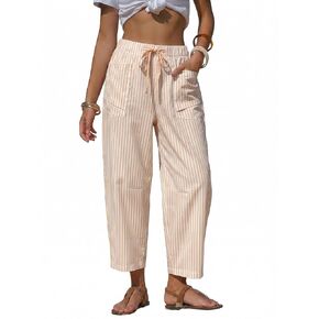 Byinns Womens Faux Linen Striped Barrel Pants Comfy Drawstring Capri Pant Summer Beach Vacation Lounge Trousers with Pockets in Kuwait
