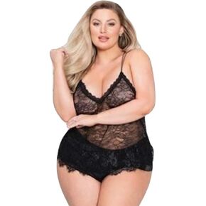 Floral Lace Cami & Cheeky Satin Short Black 1X/2X in Saudi Arabia