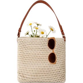 Crochet Bag Woven Tote for Women, Cotton Rope Straw Beach Bag with Adjustable Leather Shoulder Strap, Magnetic Snap Summer Bag for Everyday & Travel in Saudi Arabia