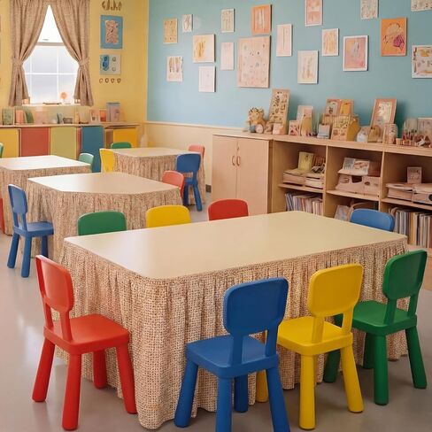 Frienda 14ft نمط الخيش تنورة الطاولة القماش لمكتب المعلم تنورة الجدول التجاعيد الكلى على شكل مكتب التنانير لليوم الأول من اللوازم المكتبية المدرسية الديكور (البني) in Kuwait