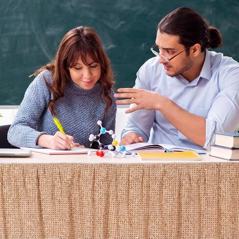 Frienda 14ft نمط الخيش تنورة الطاولة القماش لمكتب المعلم تنورة الجدول التجاعيد الكلى على شكل مكتب التنانير لليوم الأول من اللوازم المكتبية المدرسية الديكور (البني) in Kuwait