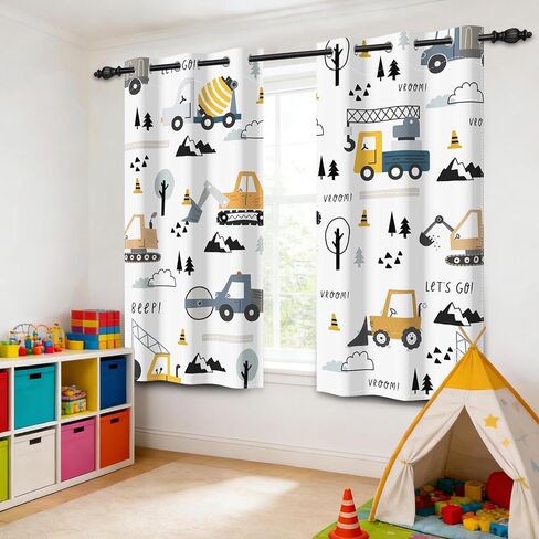 Nursery Blackout Curtains for Kids Bedroom, Curtains 63 Inch Length 2 Panels Set, Thermal Insulated Room Darkening Drapes with Grommet Top, Cartoon Construction Truck Pattern, 42W x 63L in Saudi Arabia