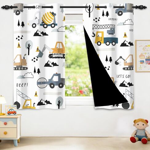 Nursery Blackout Curtains for Kids Bedroom, Curtains 63 Inch Length 2 Panels Set, Thermal Insulated Room Darkening Drapes with Grommet Top, Cartoon Construction Truck Pattern, 42W x 63L in Saudi Arabia