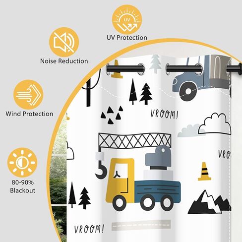 Nursery Blackout Curtains for Kids Bedroom, Curtains 63 Inch Length 2 Panels Set, Thermal Insulated Room Darkening Drapes with Grommet Top, Cartoon Construction Truck Pattern, 42W x 63L in Saudi Arabia