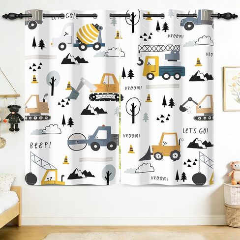 Nursery Blackout Curtains for Kids Bedroom, Curtains 63 Inch Length 2 Panels Set, Thermal Insulated Room Darkening Drapes with Grommet Top, Cartoon Construction Truck Pattern, 42W x 63L in Saudi Arabia