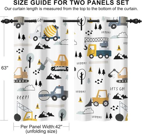 Nursery Blackout Curtains for Kids Bedroom, Curtains 63 Inch Length 2 Panels Set, Thermal Insulated Room Darkening Drapes with Grommet Top, Cartoon Construction Truck Pattern, 42W x 63L in Saudi Arabia