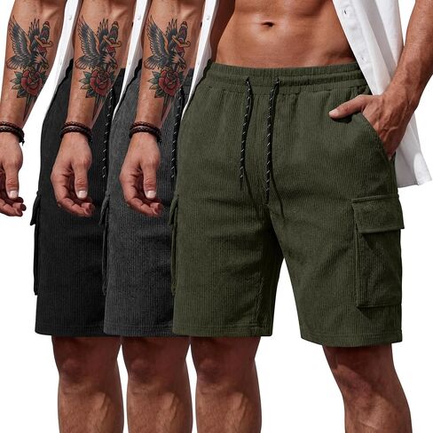 Ficerd 3 Pack Men's Corduroy Cargo Shorts Casual Elastic Waist Drawstring Summer Beach Lightweight Loose Fit with 4 Pockets in Kuwait