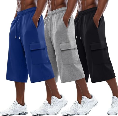 August Alley 3 Pack رجالي 3/4 Cargo Capris شورت رياضي طويل بخصر مطاطي تحت الركبة فضفاض بنطال رياضي مع جيوب in Kuwait