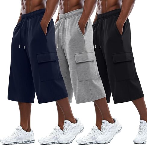 August Alley 3 Pack رجالي 3/4 Cargo Capris شورت رياضي طويل بخصر مطاطي تحت الركبة فضفاض بنطال رياضي مع جيوب in Kuwait