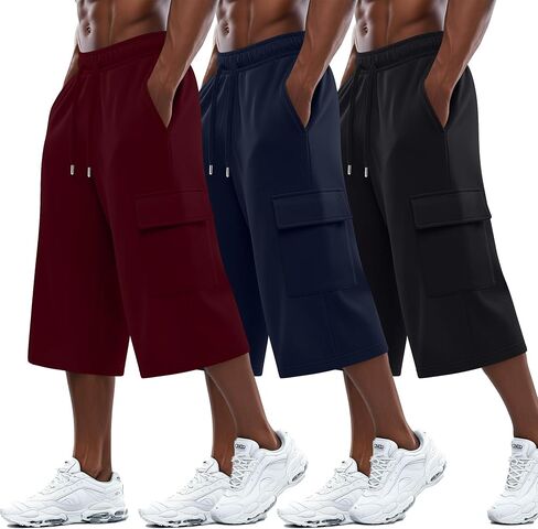 August Alley 3 Pack رجالي 3/4 Cargo Capris شورت رياضي طويل بخصر مطاطي تحت الركبة فضفاض بنطال رياضي مع جيوب in Kuwait
