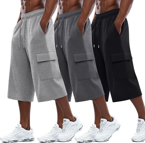 August Alley 3 Pack رجالي 3/4 Cargo Capris شورت رياضي طويل بخصر مطاطي تحت الركبة فضفاض بنطال رياضي مع جيوب in Kuwait
