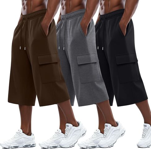 August Alley 3 Pack رجالي 3/4 Cargo Capris شورت رياضي طويل بخصر مطاطي تحت الركبة فضفاض بنطال رياضي مع جيوب in Kuwait