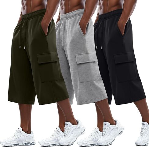 August Alley 3 Pack رجالي 3/4 Cargo Capris شورت رياضي طويل بخصر مطاطي تحت الركبة فضفاض بنطال رياضي مع جيوب in Kuwait