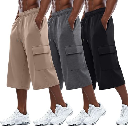 August Alley 3 Pack رجالي 3/4 Cargo Capris شورت رياضي طويل بخصر مطاطي تحت الركبة فضفاض بنطال رياضي مع جيوب in Kuwait