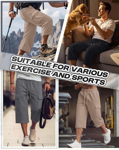 August Alley 3 Pack رجالي 3/4 Cargo Capris شورت رياضي طويل بخصر مطاطي تحت الركبة فضفاض بنطال رياضي مع جيوب in Kuwait
