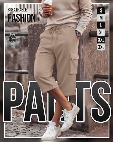 August Alley 3 Pack رجالي 3/4 Cargo Capris شورت رياضي طويل بخصر مطاطي تحت الركبة فضفاض بنطال رياضي مع جيوب in Kuwait
