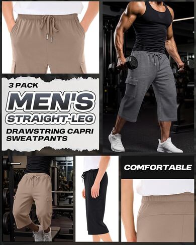 August Alley 3 Pack رجالي 3/4 Cargo Capris شورت رياضي طويل بخصر مطاطي تحت الركبة فضفاض بنطال رياضي مع جيوب in Kuwait