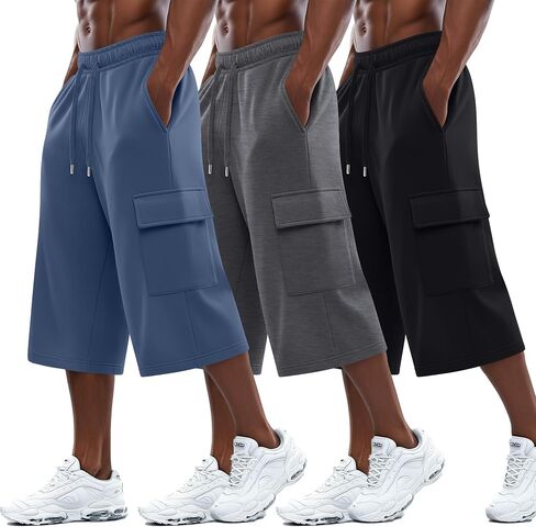 August Alley 3 Pack رجالي 3/4 Cargo Capris شورت رياضي طويل بخصر مطاطي تحت الركبة فضفاض بنطال رياضي مع جيوب in Kuwait
