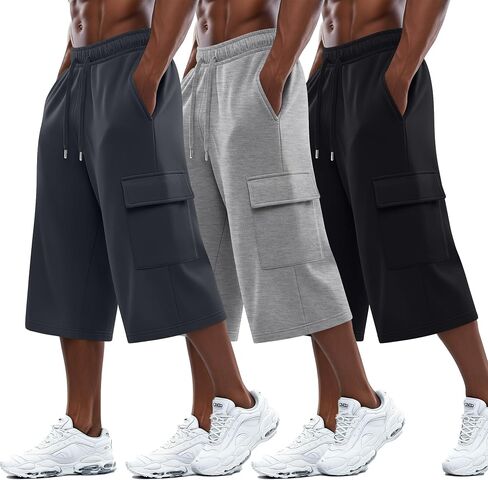 August Alley 3 Pack رجالي 3/4 Cargo Capris شورت رياضي طويل بخصر مطاطي تحت الركبة فضفاض بنطال رياضي مع جيوب in Kuwait