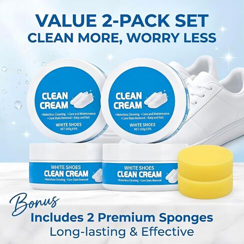 White Shoe Cleaner Cream, Multifunctional for Canvas Sneakers & Leather Boots, with Sponge, Portable Fast-Acting Design, White Shoes Clean Cream (2PCS) in Saudi Arabia