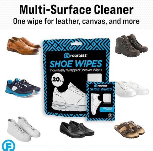 Fortress Shoe Wipes (20 ct) Sneaker Cleaner for Tennis Shoes and White Shoes, Textured and Smooth Sides for Maximum Cleaning Power, Individually Wrapped Wipes in Saudi Arabia