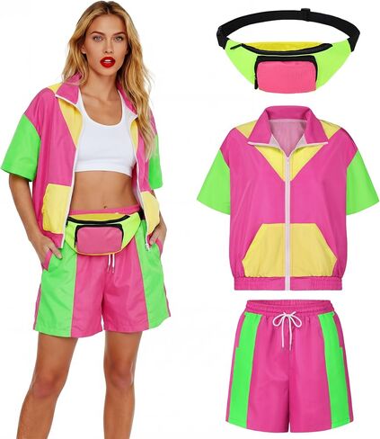 SOMSOC 3 Pieces 80s Tracksuit for Women Windbreaker Short Set with Fanny Pack Color Block Outfits for 80's 90's Party Costume in Kuwait