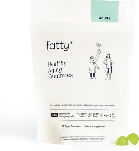 Fatty15 C15:0 Pentadecanoic Acid Healthy Aging Gummies - 60 Vegan Gummies - 3X Cellular Benefits of Omega 3 Fish Oil - Longevity, Metabolic, Wellness & Liver Support - Gluten Free & Sugar Free in Saudi Arabia