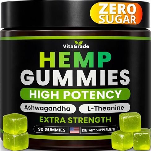 Hemp Gummies - Zero Sugar - Extra Strength for Peace & Relaxation - Infused with Hemp Oil, Ashwagandha, L-Theanine - Tasty Relaxation Supplement - Natural Relief - 90 Ct - Formulated in USA in Saudi Arabia