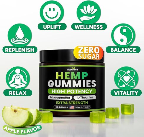 Hemp Gummies - Zero Sugar - Extra Strength for Peace & Relaxation - Infused with Hemp Oil, Ashwagandha, L-Theanine - Tasty Relaxation Supplement - Natural Relief - 90 Ct - Formulated in USA in Saudi Arabia