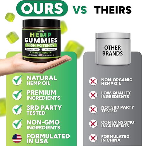 Hemp Gummies - Zero Sugar - Extra Strength for Peace & Relaxation - Infused with Hemp Oil, Ashwagandha, L-Theanine - Tasty Relaxation Supplement - Natural Relief - 90 Ct - Formulated in USA in Saudi Arabia