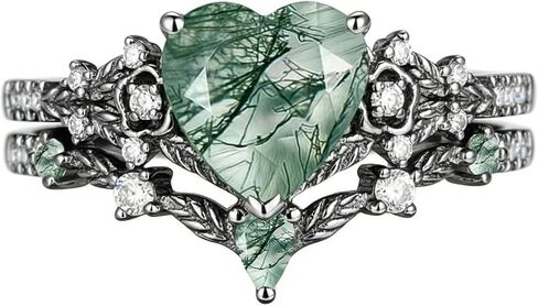 Nature Moss Agate Engagement Ring Sets for Women Black Art Deco Cluster S925 Sterling Silver Vintage Moss Agate Bridal Ring Inspired Promise Wedding Band in Saudi Arabia