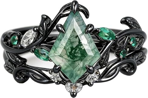 Nature Moss Agate Engagement Ring Sets for Women Black Art Deco Cluster S925 Sterling Silver Vintage Moss Agate Bridal Ring Inspired Promise Wedding Band in Saudi Arabia