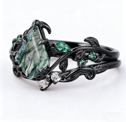 Nature Moss Agate Engagement Ring Sets for Women Black Art Deco Cluster S925 Sterling Silver Vintage Moss Agate Bridal Ring Inspired Promise Wedding Band in Saudi Arabia
