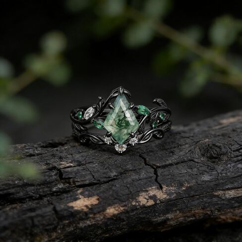 Nature Moss Agate Engagement Ring Sets for Women Black Art Deco Cluster S925 Sterling Silver Vintage Moss Agate Bridal Ring Inspired Promise Wedding Band in Saudi Arabia