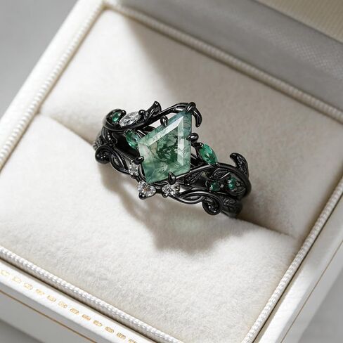 Nature Moss Agate Engagement Ring Sets for Women Black Art Deco Cluster S925 Sterling Silver Vintage Moss Agate Bridal Ring Inspired Promise Wedding Band in Saudi Arabia