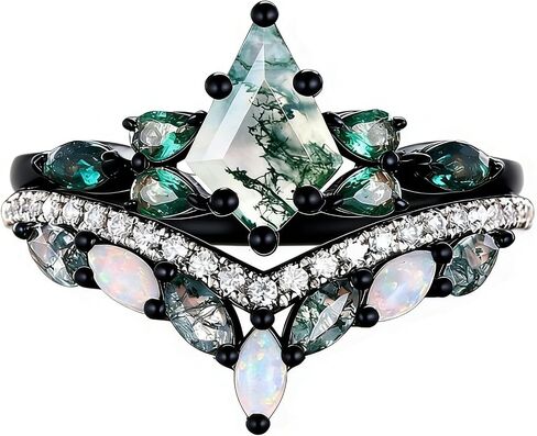 Nature Moss Agate Engagement Ring Sets for Women Black Art Deco Cluster S925 Sterling Silver Vintage Moss Agate Bridal Ring Inspired Promise Wedding Band in Saudi Arabia