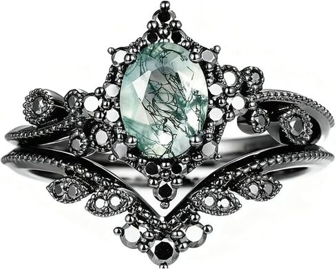 Nature Moss Agate Engagement Ring Sets for Women Black Art Deco Cluster S925 Sterling Silver Vintage Moss Agate Bridal Ring Inspired Promise Wedding Band in Saudi Arabia