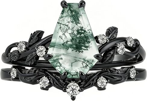 Nature Moss Agate Engagement Ring Sets for Women Black Art Deco Cluster S925 Sterling Silver Vintage Moss Agate Bridal Ring Inspired Promise Wedding Band in Saudi Arabia