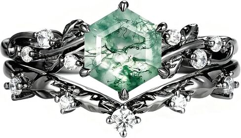 Nature Moss Agate Engagement Ring Sets for Women Black Art Deco Cluster S925 Sterling Silver Vintage Moss Agate Bridal Ring Inspired Promise Wedding Band in Saudi Arabia