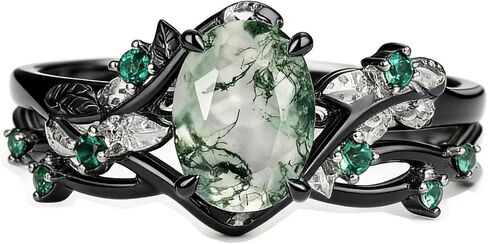 Nature Moss Agate Engagement Ring Sets for Women Black Art Deco Cluster S925 Sterling Silver Vintage Moss Agate Bridal Ring Inspired Promise Wedding Band in Saudi Arabia